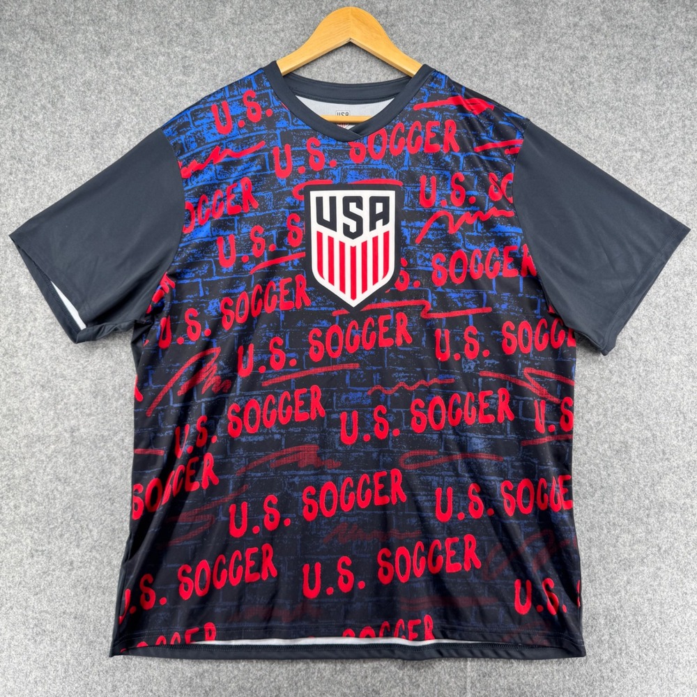 U.S. Soccer Jersey Mens XXL Black Red Blue All Over Print USMNT Shirt
